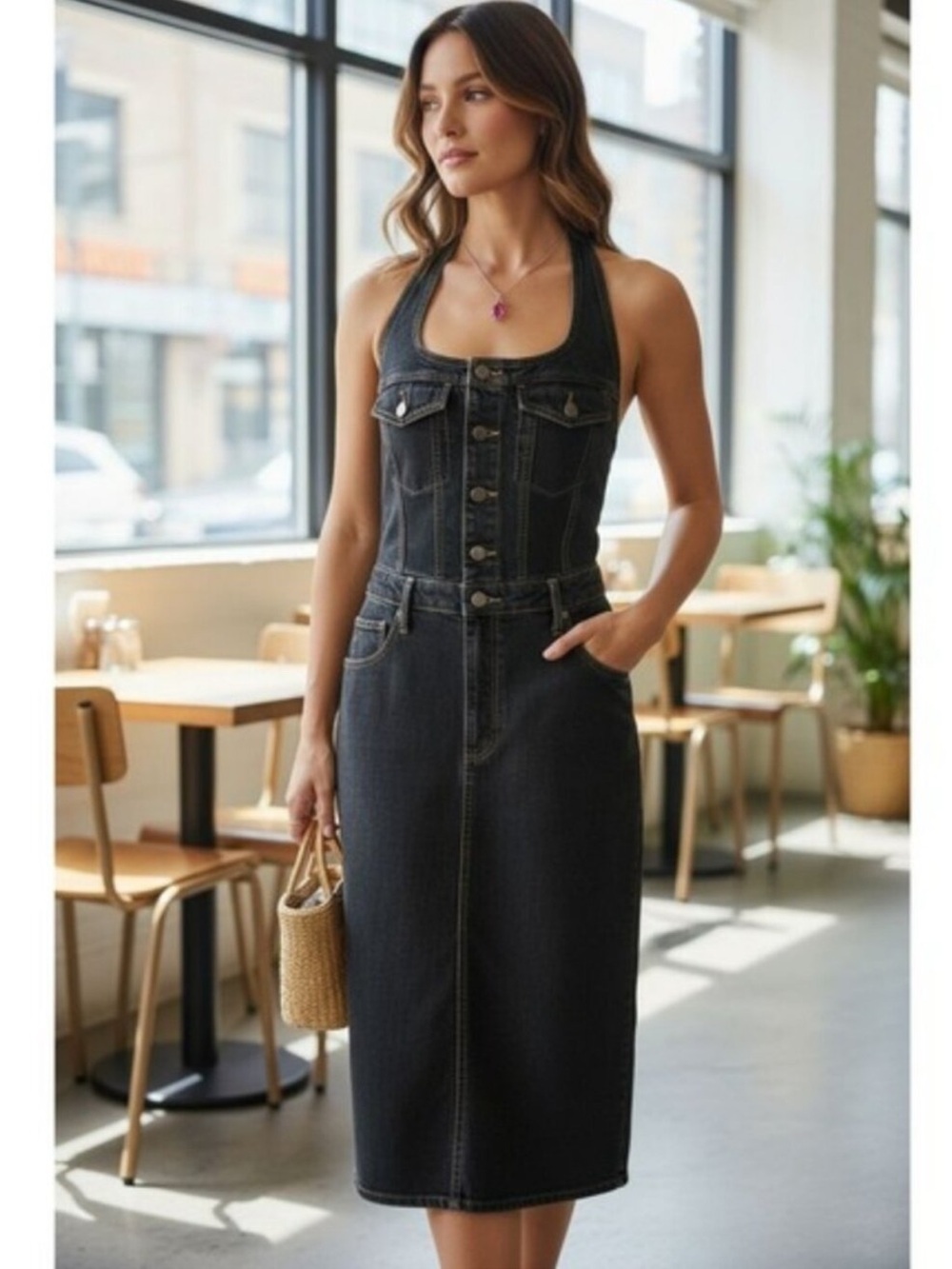 Universal Thread Women's Denim Midi Halter Dress Black Wash 14 L